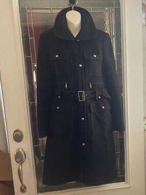 Laundry by Shelli Segal Full Length Black Trench Wool Coat Zip & Snaps Sz 10